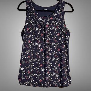 LOFT Outlet size L mixed media navy floral patterned flutter blouse career top